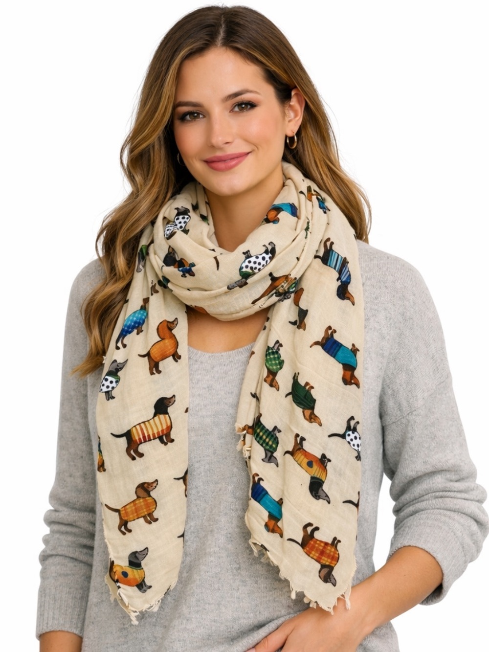 NWT Beige Dachshund Puppy Print Scarf Lightweight Novelty Wiener Dog Lover 
V